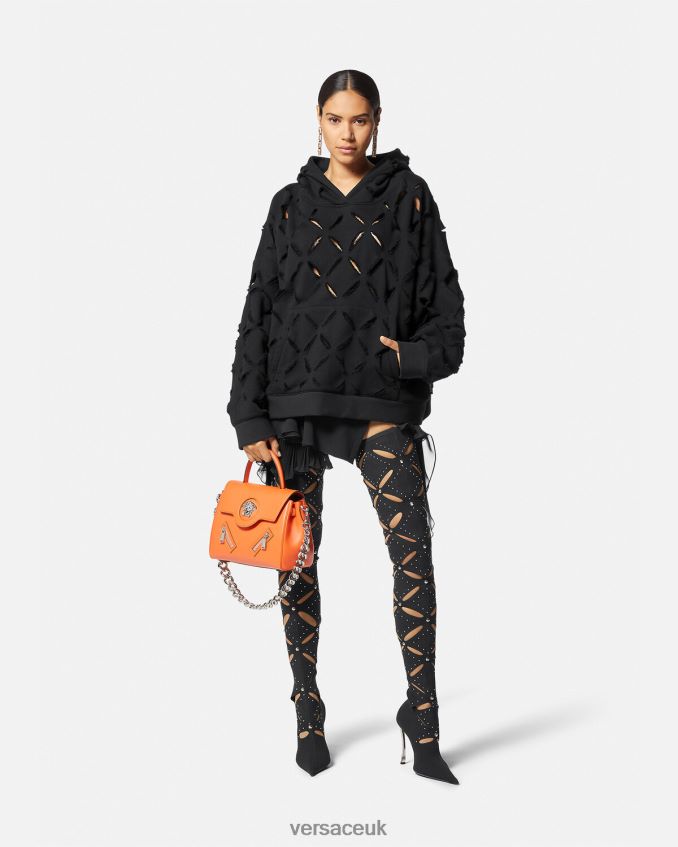 Women Versace Distressed Slashed Oversized Hoodie 6D2D06142 Black Clothing