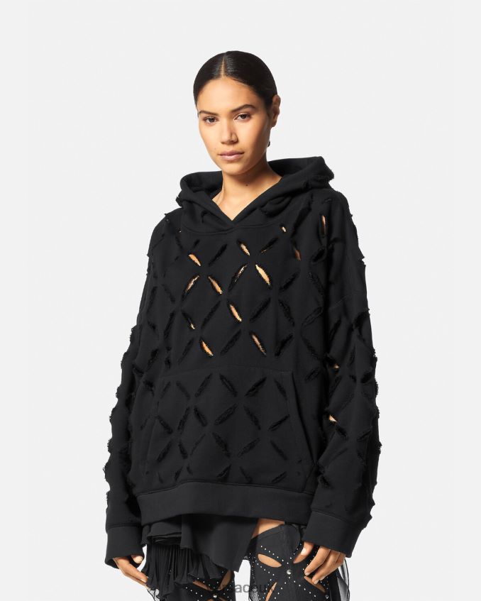 Women Versace Distressed Slashed Oversized Hoodie 6D2D06142 Black Clothing