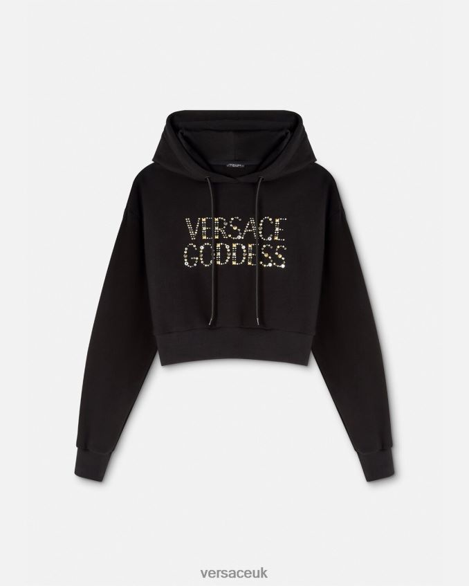 Women Versace Goddess Studded Crop Hoodie 6D2D06145 Black Clothing