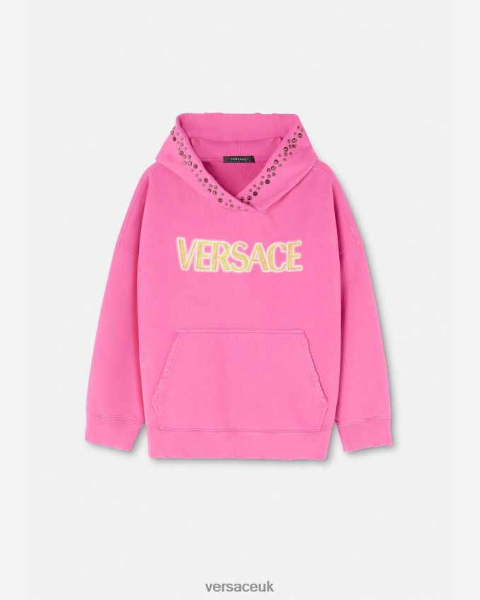 Women Versace Studded Distressed Logo Hoodie 6D2D06143 Pink Clothing