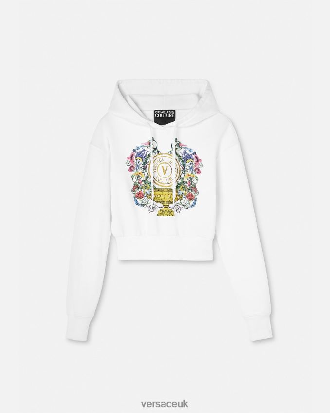 Women Versace V-Emblem Garden Crop Hoodie 6D2D062232 Gold & White Clothing