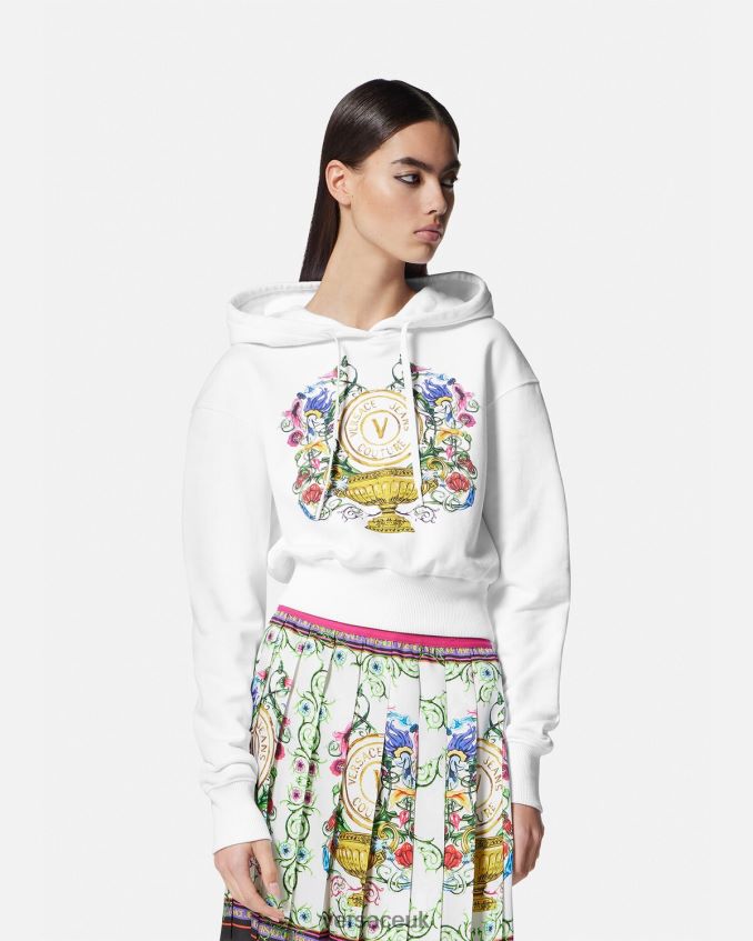 Women Versace V-Emblem Garden Crop Hoodie 6D2D062232 Gold & White Clothing