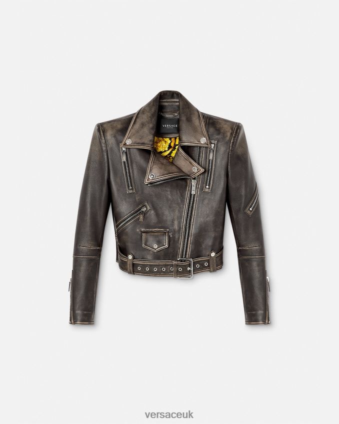 Women Versace Barocco Brushed Leather Jacket 6D2D0698 Gray Clothing