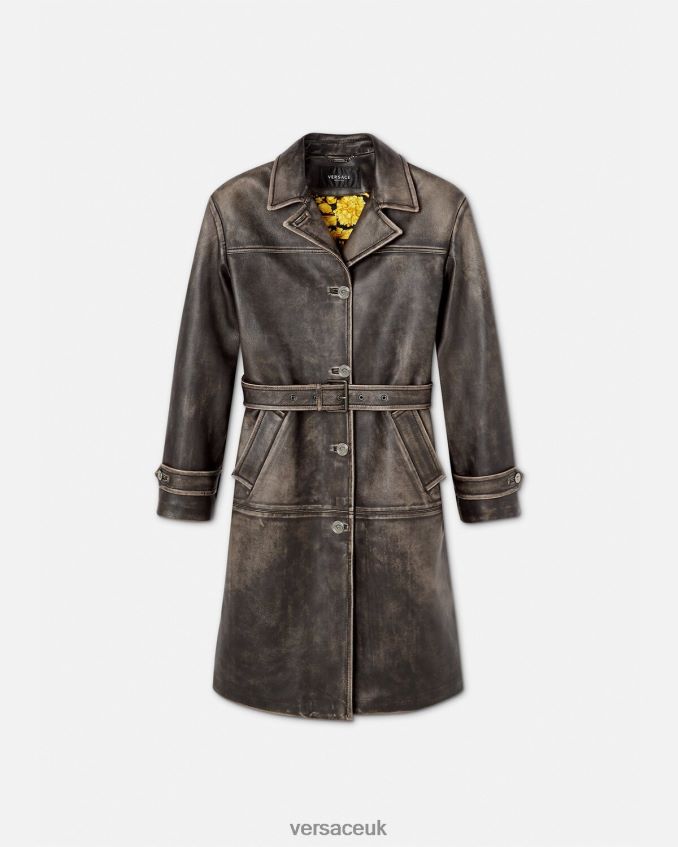 Women Versace Barocco Brushed Leather Trench Coat 6D2D0697 Gray Clothing