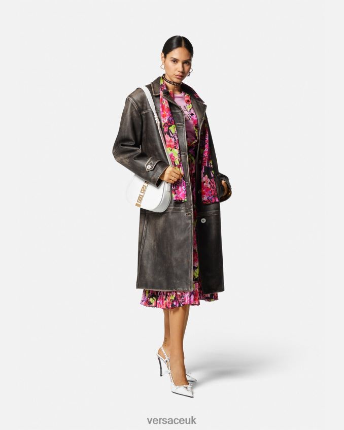 Women Versace Barocco Brushed Leather Trench Coat 6D2D0697 Gray Clothing