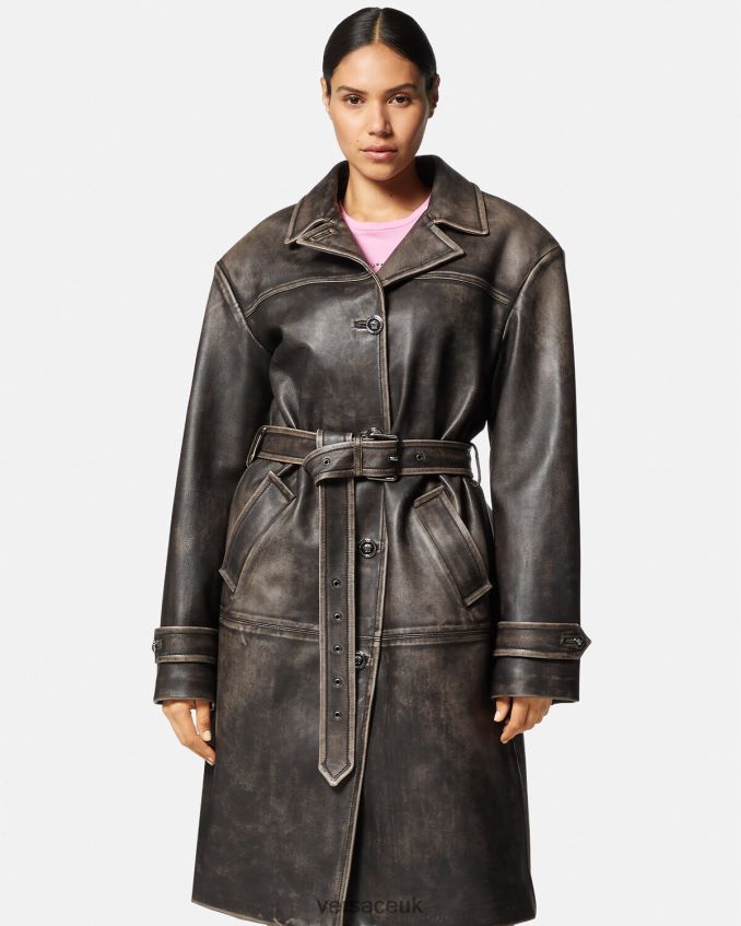 Women Versace Barocco Brushed Leather Trench Coat 6D2D0697 Gray Clothing