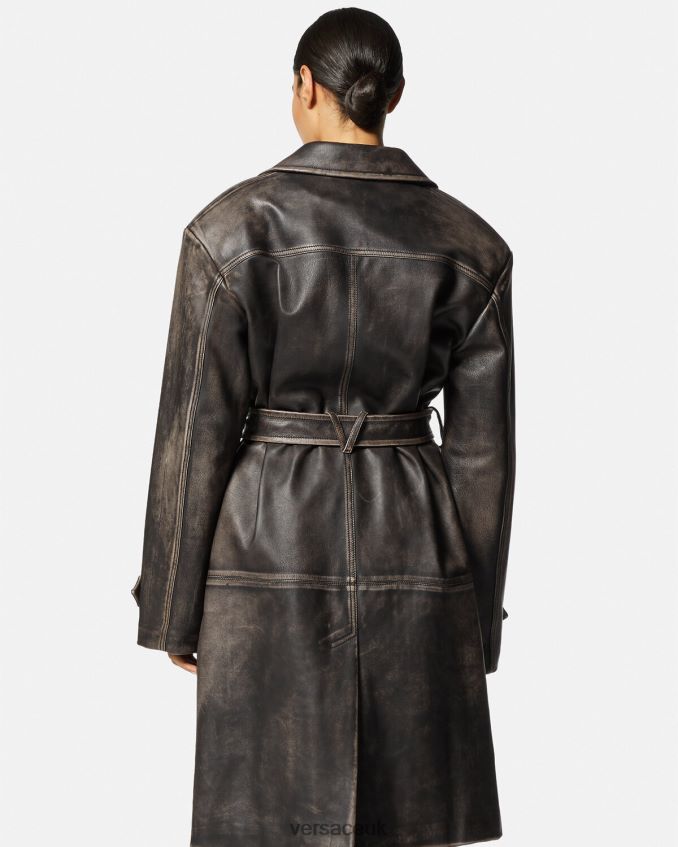 Women Versace Barocco Brushed Leather Trench Coat 6D2D0697 Gray Clothing
