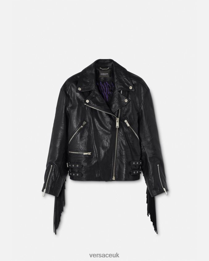 Women Versace Fringed Leather Jacket 6D2D06101 Black Clothing