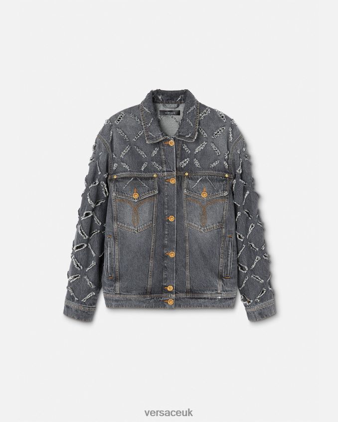 Women Versace Slashed Denim Jacket 6D2D06227 Gray Clothing