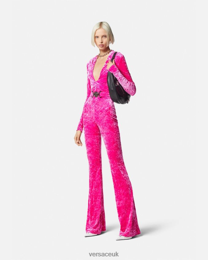 Women Versace Medusa \'95 Velvet Hoodie Jumpsuit 6D2D0656 Fuchsia Clothing