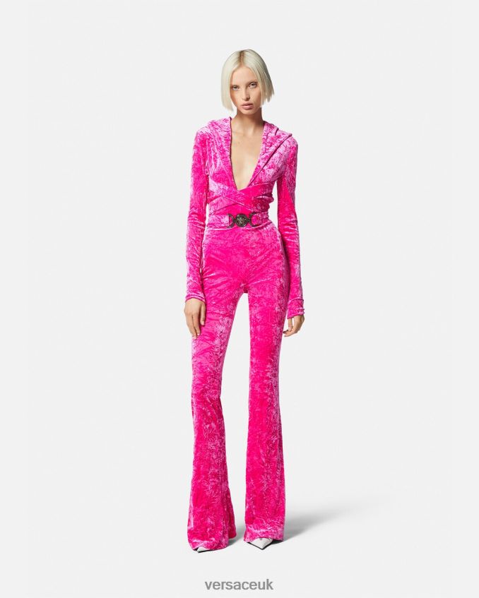 Women Versace Medusa \'95 Velvet Hoodie Jumpsuit 6D2D0656 Fuchsia Clothing
