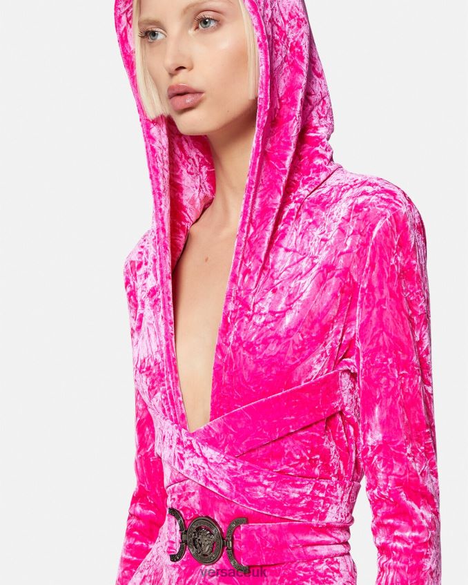 Women Versace Medusa \'95 Velvet Hoodie Jumpsuit 6D2D0656 Fuchsia Clothing
