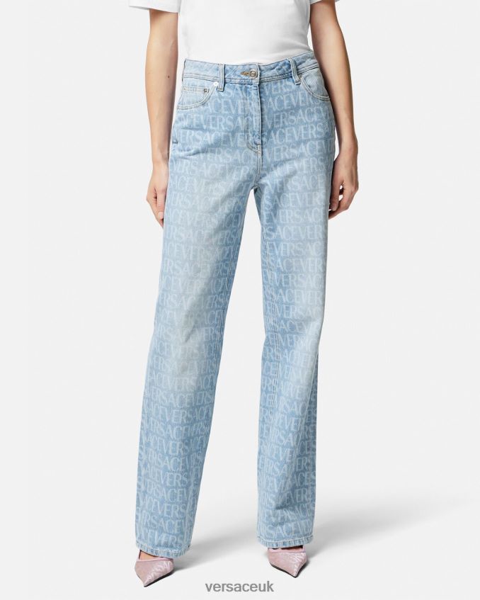 Women Versace Allover Wide-Leg Jeans 6D2D06193 Blue Clothing