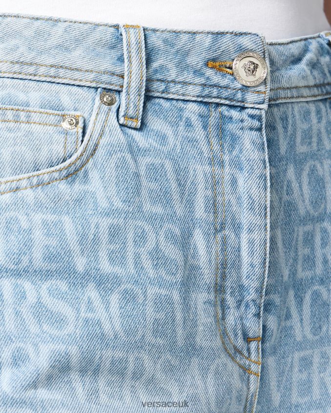Women Versace Allover Wide-Leg Jeans 6D2D06193 Blue Clothing