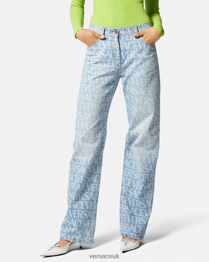 Women Versace Allover Wide-Leg Jeans 6D2D06198 Blue Clothing