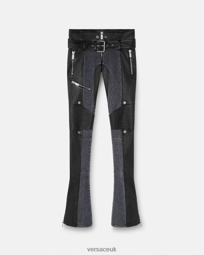 Women Versace Denim Leather Pants 6D2D06224 Black Clothing