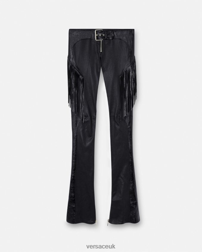 Women Versace Fringed Leather Pants 6D2D06223 Black Clothing