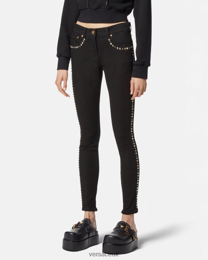 Women Versace Medusa Studded Skinny Jeans 6D2D06214 Black Clothing