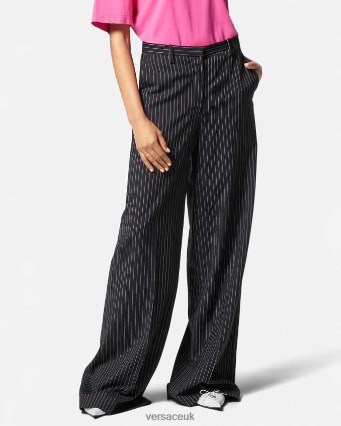 Women Versace Pinstriped Wide-Leg Pants 6D2D06123 Black Clothing