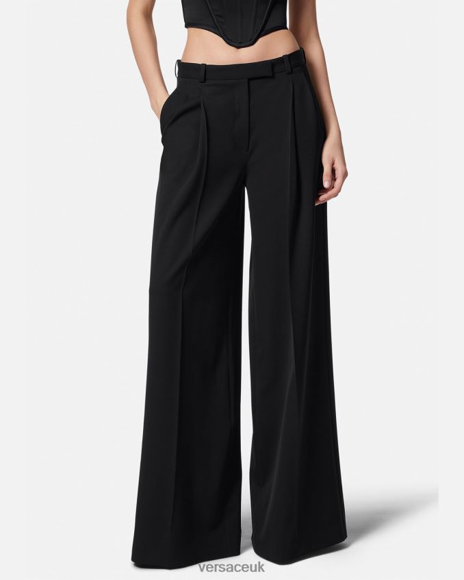 Women Versace Pleated Wide-Leg Pants 6D2D06200 Black Clothing