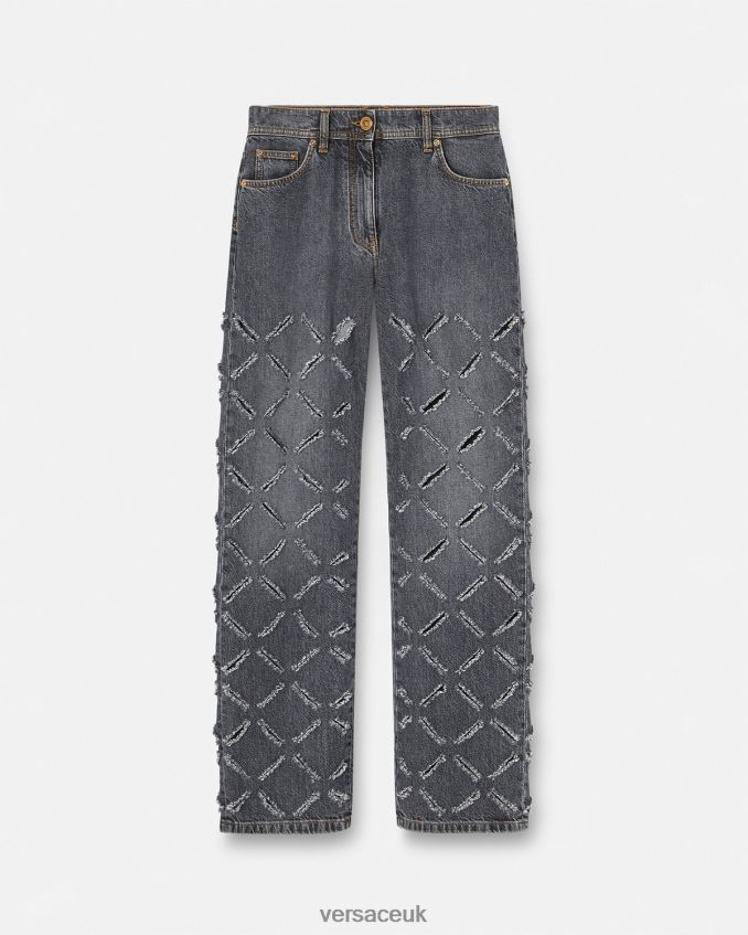 Women Versace Slashed Wide-Leg Jeans 6D2D06226 Gray Clothing