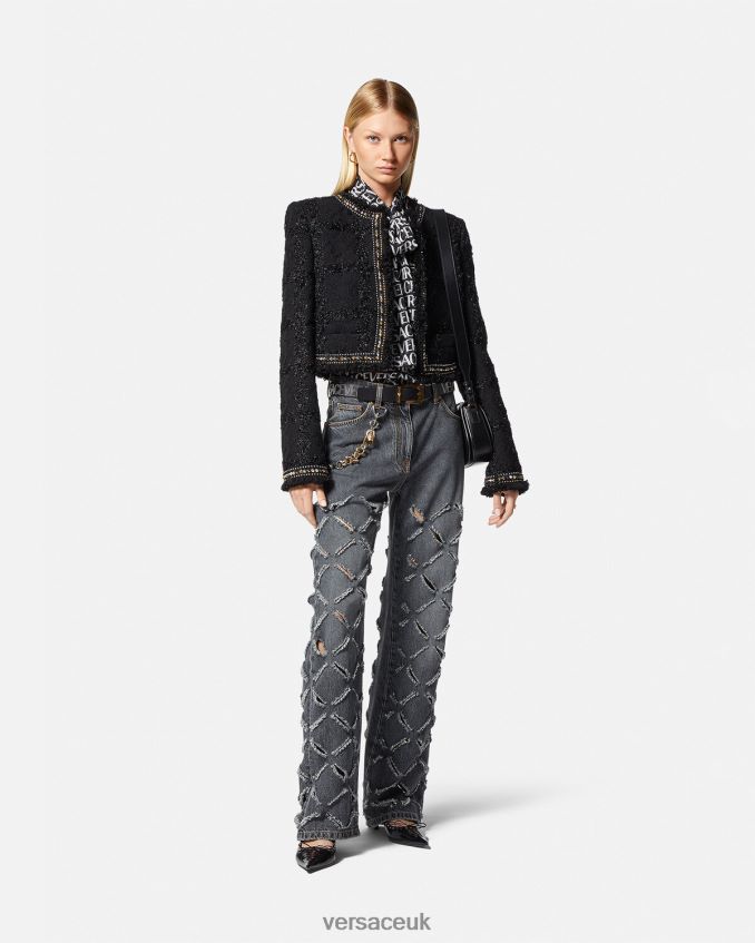 Women Versace Slashed Wide-Leg Jeans 6D2D06226 Gray Clothing