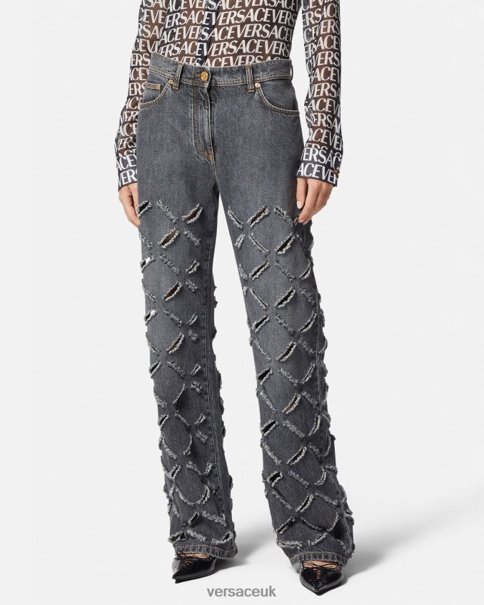 Women Versace Slashed Wide-Leg Jeans 6D2D06226 Gray Clothing