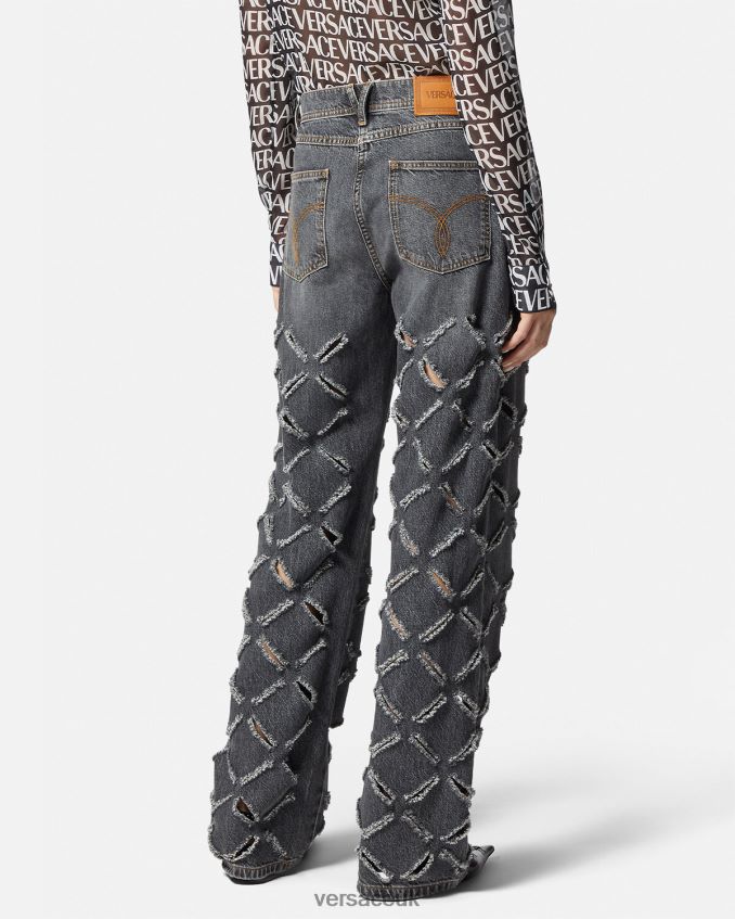 Women Versace Slashed Wide-Leg Jeans 6D2D06226 Gray Clothing