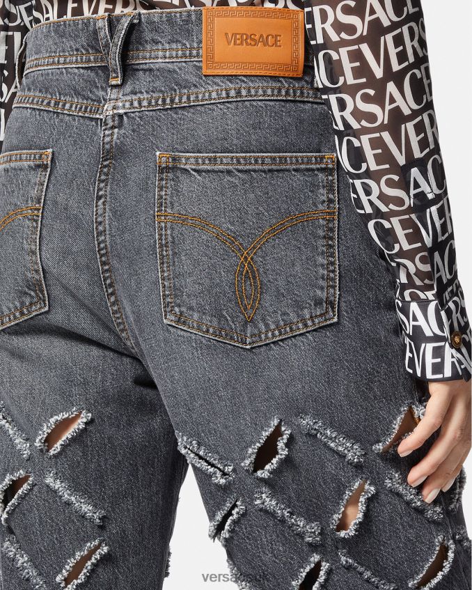 Women Versace Slashed Wide-Leg Jeans 6D2D06226 Gray Clothing
