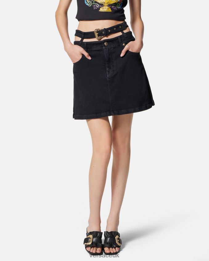 Women Versace Baroque Buckle Denim Mini Skirt 6D2D062151 Black Clothing