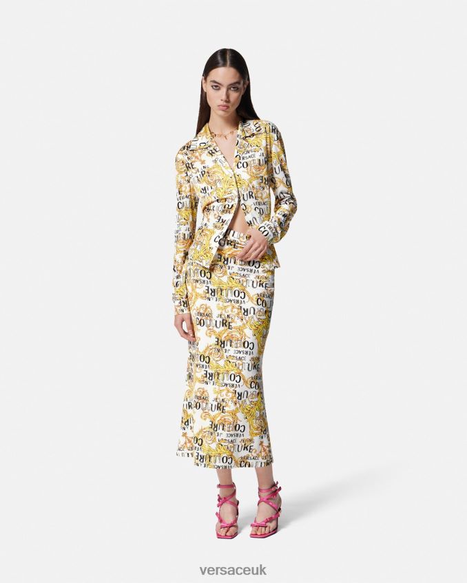 Women Versace Logo Couture Midi Skirt 6D2D062251 Gold & White Clothing