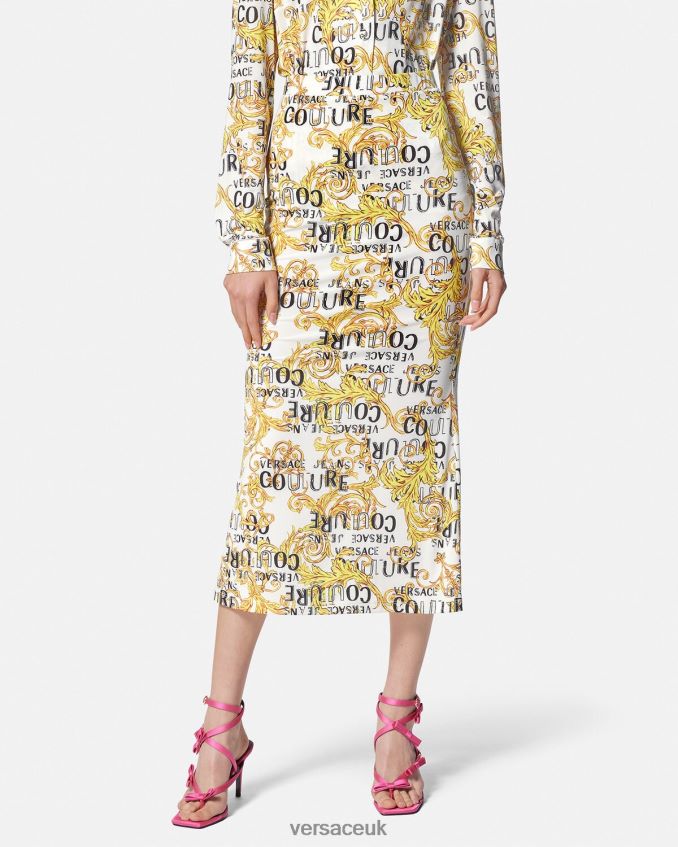 Women Versace Logo Couture Midi Skirt 6D2D062251 Gold & White Clothing
