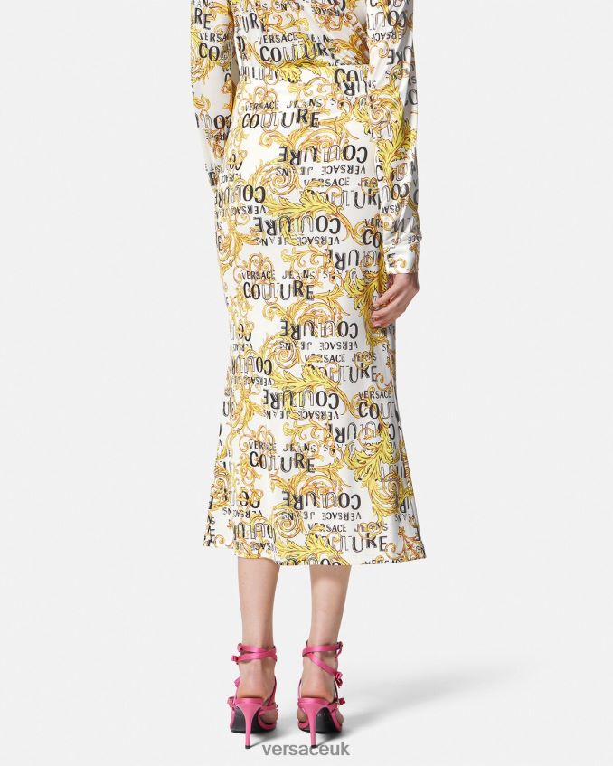 Women Versace Logo Couture Midi Skirt 6D2D062251 Gold & White Clothing