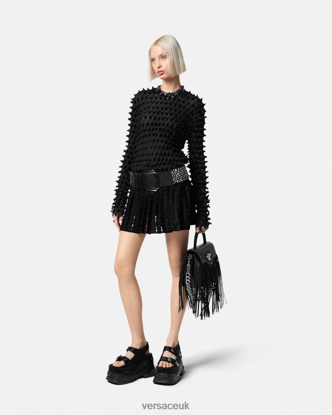 Women Versace Spiked Knit Pleated Mini Skirt 6D2D06184 Black Clothing