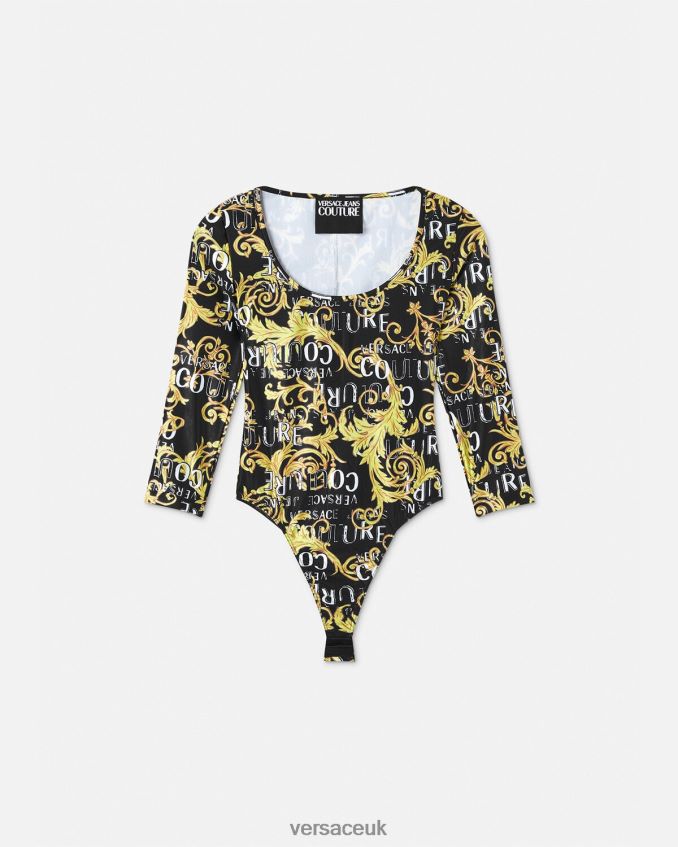 Women Versace Logo Couture Bodysuit 6D2D062211 Black & Gold Clothing