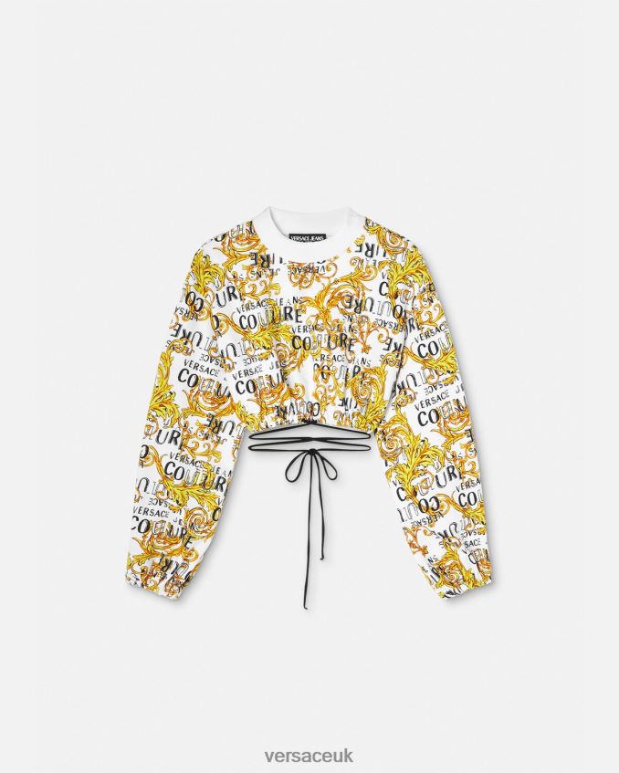Women Versace Logo Couture Crop Sweatshirt 6D2D062225 Gold & White Clothing