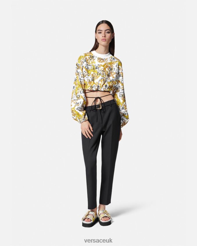 Women Versace Logo Couture Crop Sweatshirt 6D2D062225 Gold & White Clothing