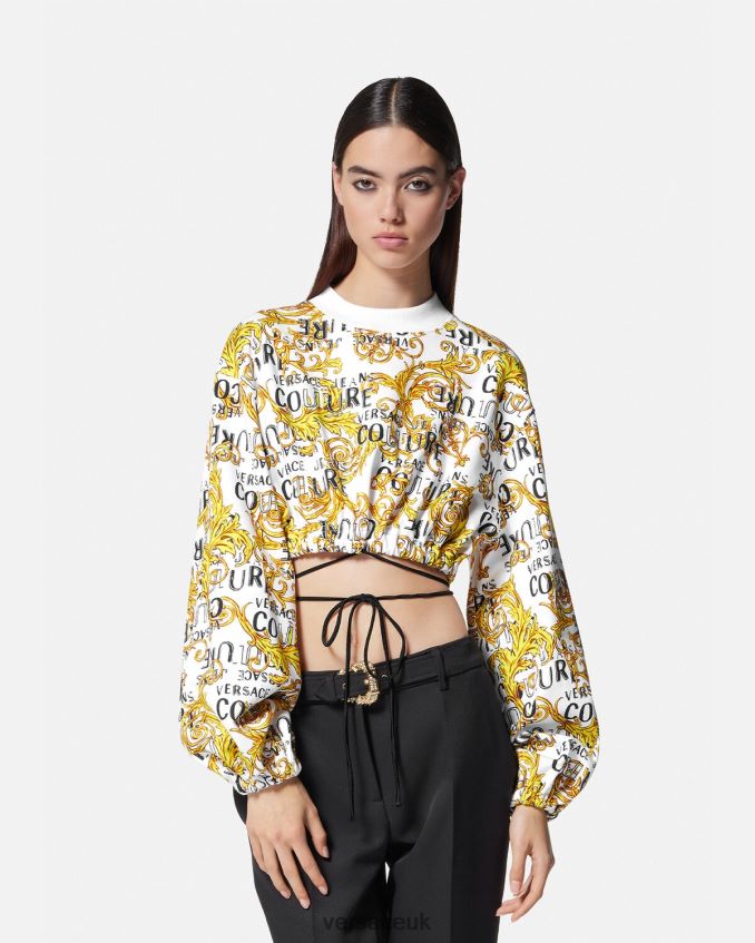 Women Versace Logo Couture Crop Sweatshirt 6D2D062225 Gold & White Clothing