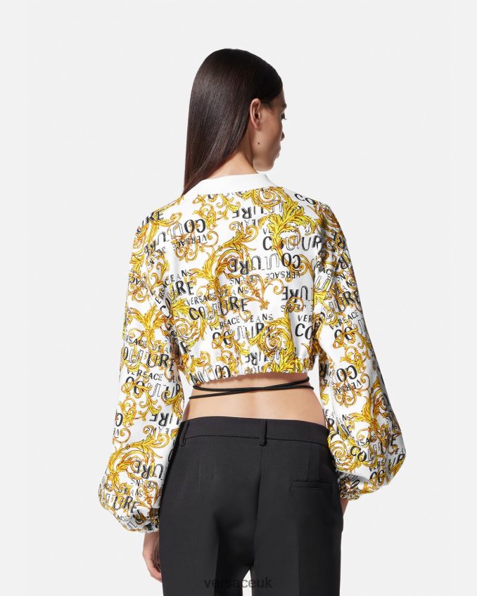 Women Versace Logo Couture Crop Sweatshirt 6D2D062225 Gold & White Clothing