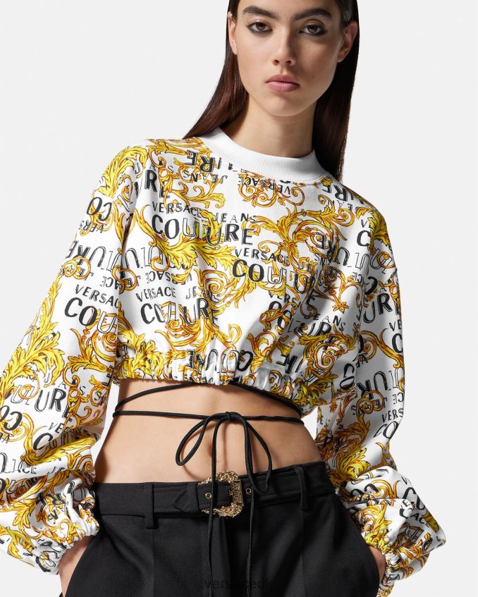 Women Versace Logo Couture Crop Sweatshirt 6D2D062225 Gold & White Clothing