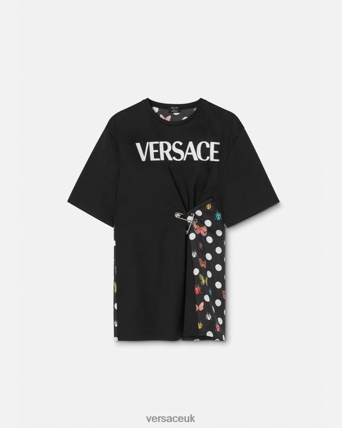 Women Versace Butterflies Safety Pin Logo T-Shirt 6D2D06131 Black & Orange & Red Clothing