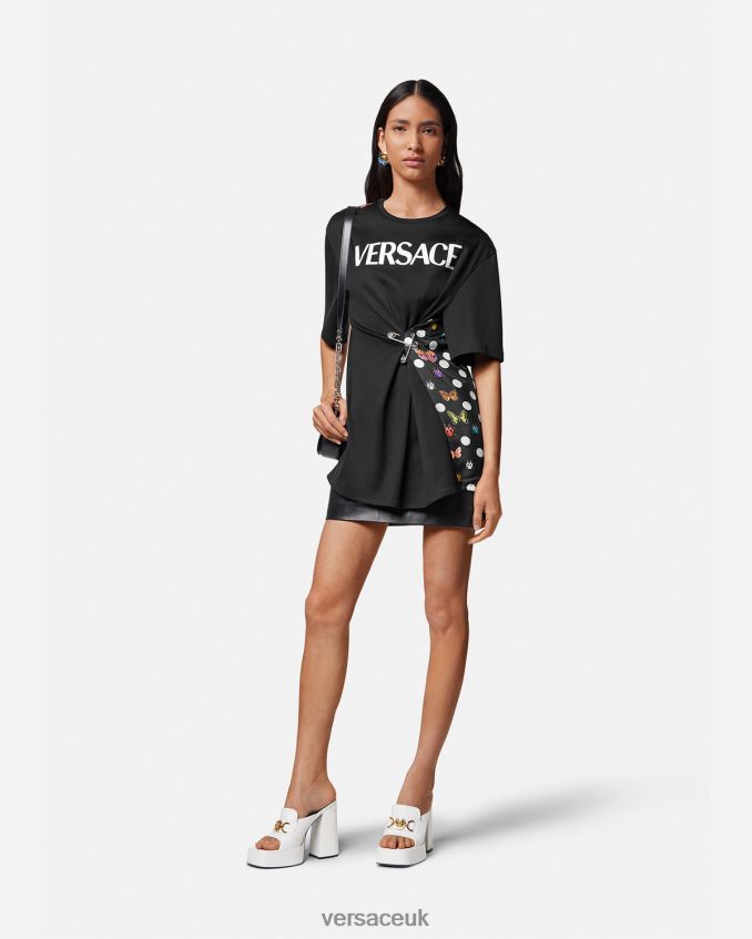 Women Versace Butterflies Safety Pin Logo T-Shirt 6D2D06131 Black & Orange & Red Clothing