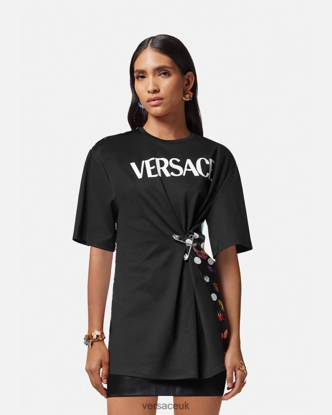 Women Versace Butterflies Safety Pin Logo T-Shirt 6D2D06131 Black & Orange & Red Clothing