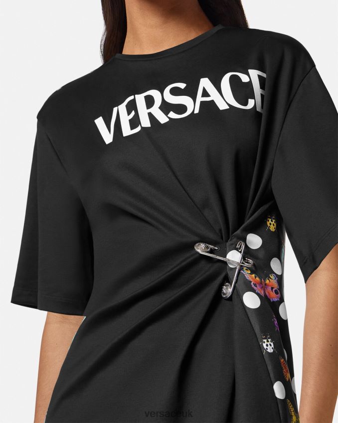 Women Versace Butterflies Safety Pin Logo T-Shirt 6D2D06131 Black & Orange & Red Clothing