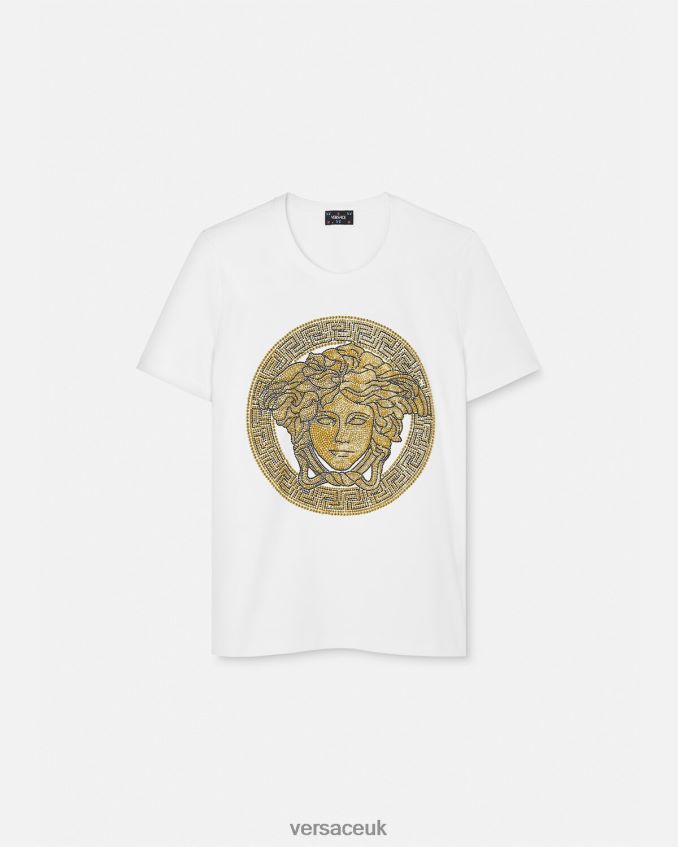 Women Versace Crystal La Medusa T-Shirt 6D2D06133 White & Gold Clothing