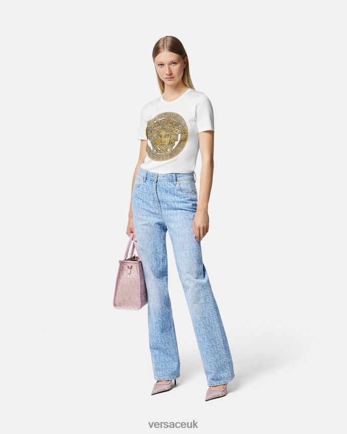 Women Versace Crystal La Medusa T-Shirt 6D2D06133 White & Gold Clothing