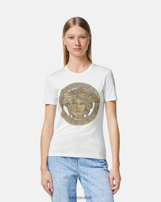 Women Versace Crystal La Medusa T-Shirt 6D2D06133 White & Gold Clothing