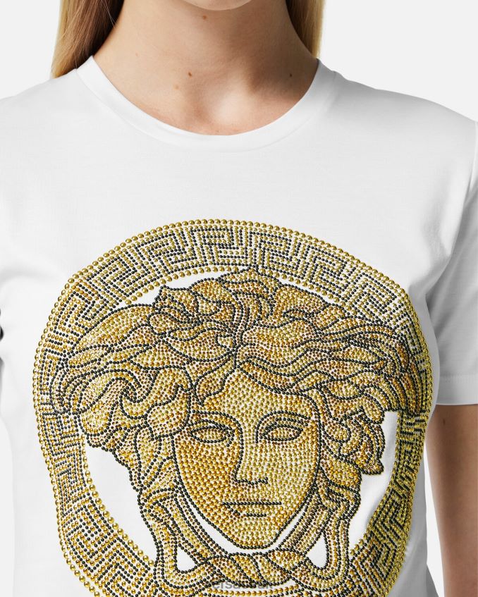 Women Versace Crystal La Medusa T-Shirt 6D2D06133 White & Gold Clothing