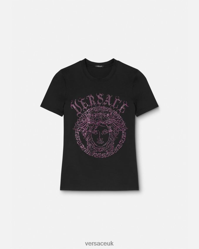Women Versace Crystal Medusa Logo T-shirt 6D2D06153 Black & Pink Clothing