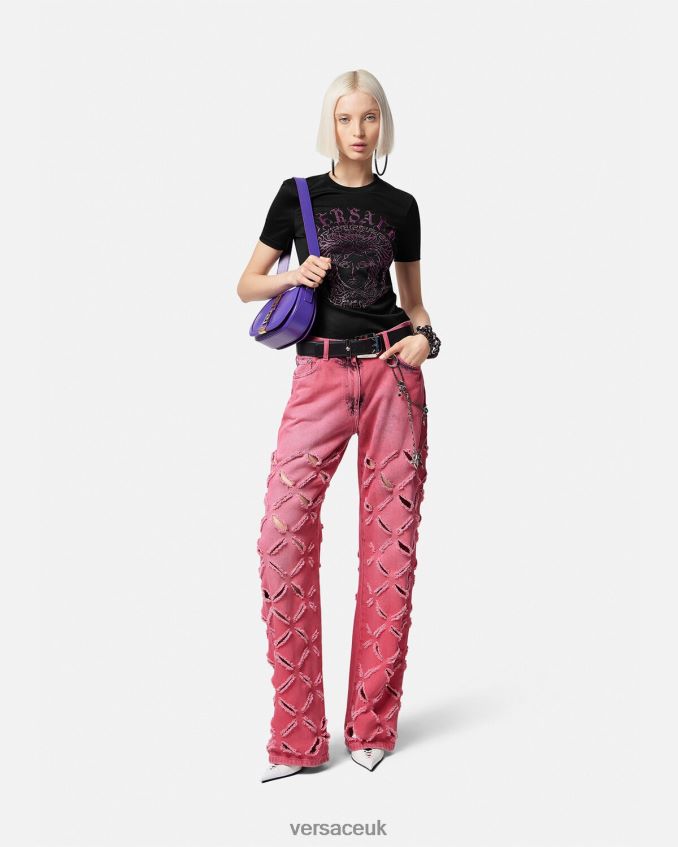 Women Versace Crystal Medusa Logo T-shirt 6D2D06153 Black & Pink Clothing